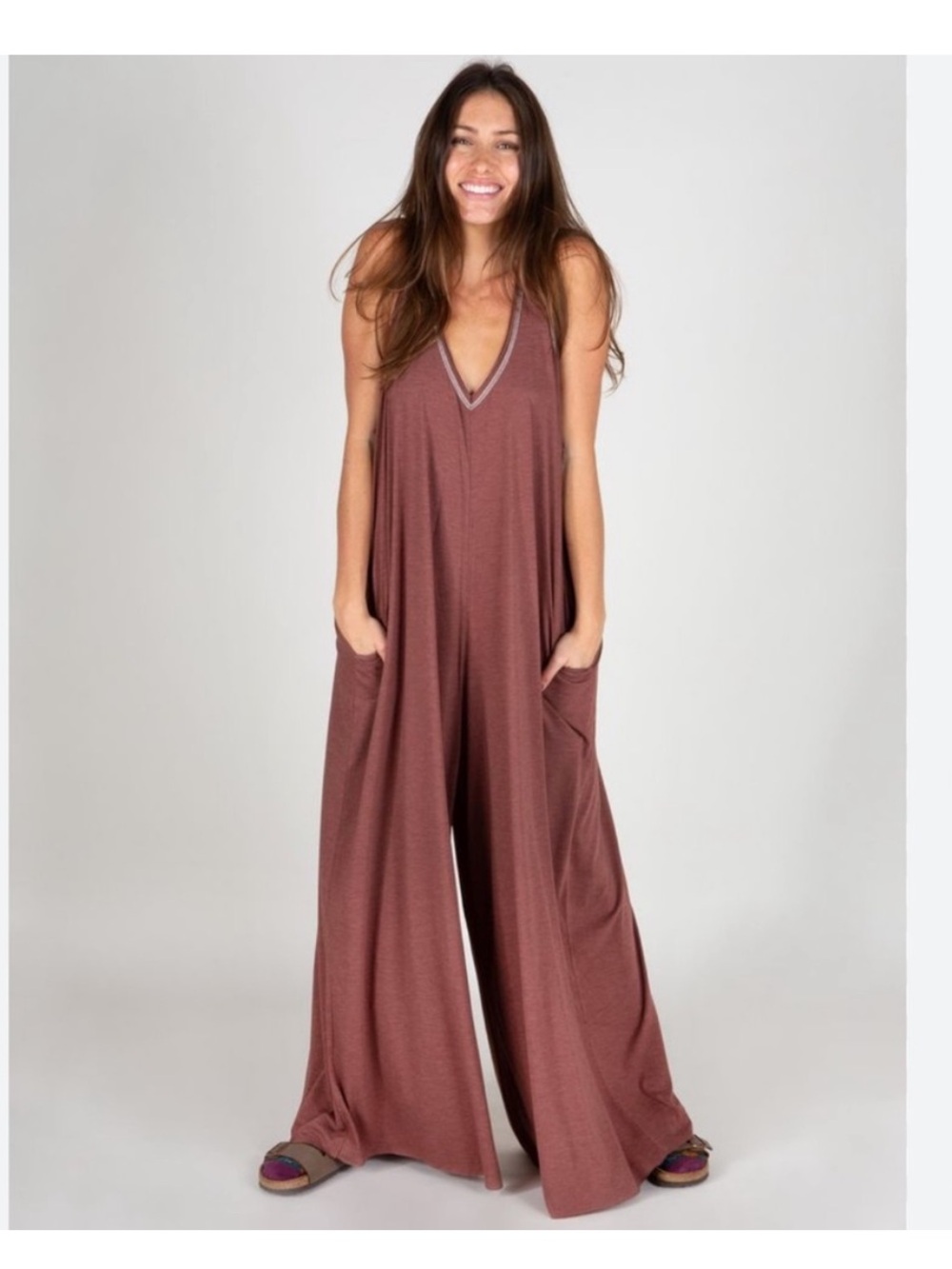 Natural Life Knit V-Neck Wide Leg Jumpsuit Brown One Size fits XS-XL